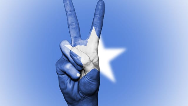 A hand making a peace gesture painted with the Somali flag colors, symbolizing national unity.