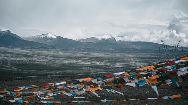 Scenic view of the Tibetan Plateau with vibrant prayer flags and snow-capped mountains.