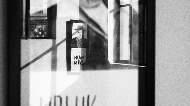 Abstract black and white art with reflections in a framed picture setting.