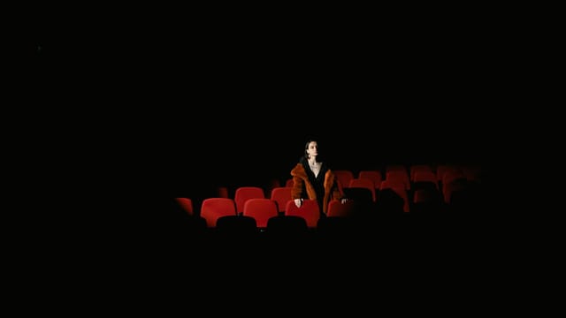 A woman in a fur coat sits alone in a dimly lit theater, surrounded by empty red seats.
