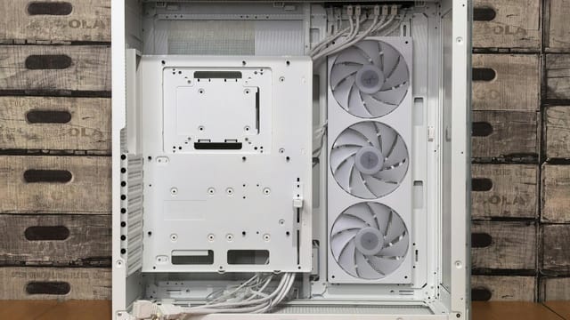 Sleek white computer case showcasing cooling fans, perfect for custom PC builds.