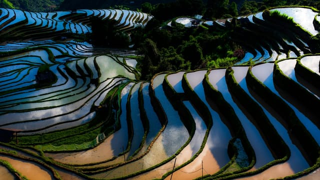 Captivating aerial perspective of Honghe Hani rice terraces with water reflections at sunset.