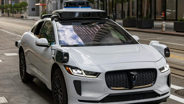 A white autonomous vehicle navigating a city street, reflecting urban architecture in daylight.