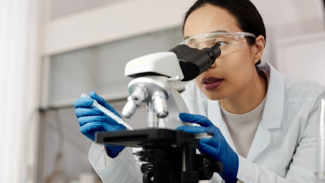 A female scientist examines samples using a microscope in a laboratory setting.