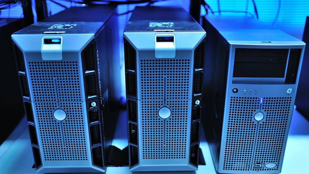 Close-up view of modern rack-mounted server units in a data center.