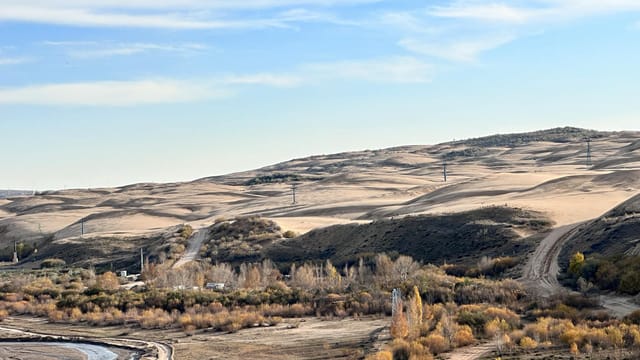 Serene desert landscape in Inner Mongolia under clear blue skies with rolling sand dunes.