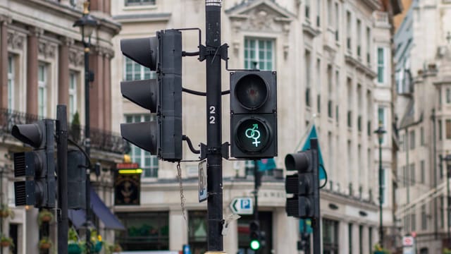 Traffic light in city center with LGBT symbol and historic architecture in background.