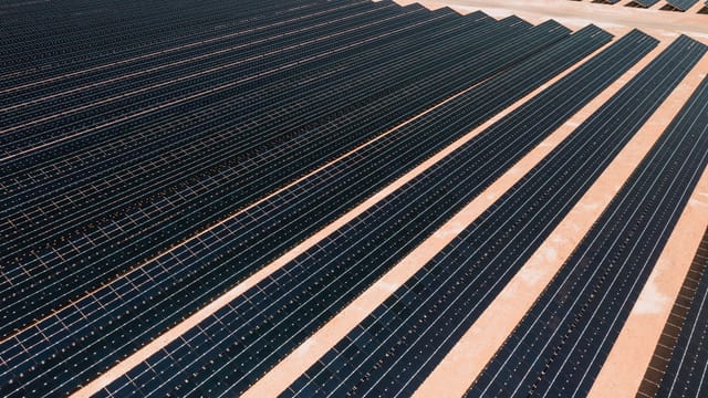 Aerial view of solar panels in a vast solar farm under bright sunlight.