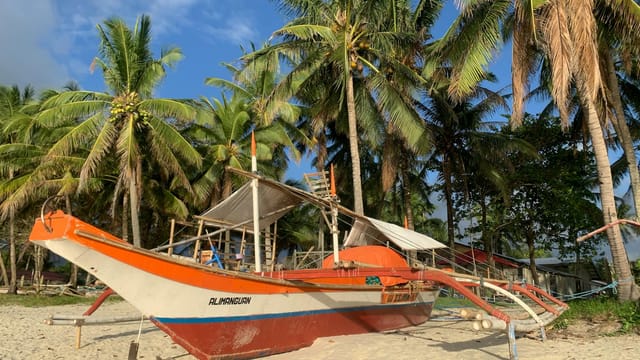 A colorful outrigger canoe rests on a sunny, coconut-lined beach in San Vicente, Philippines.