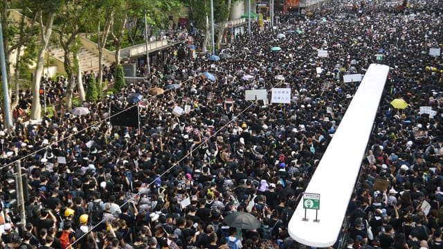 A large crowd of people gather on a street, participating in a peaceful protest movement.