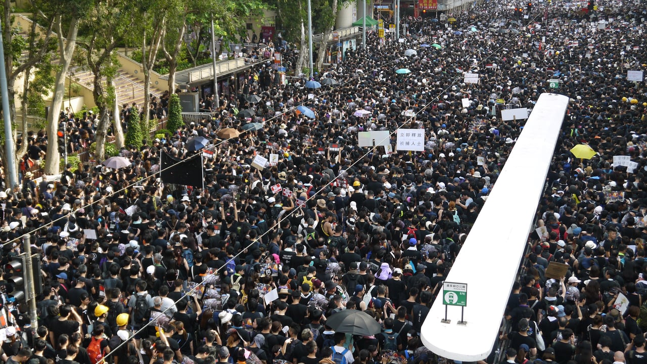 A large crowd of people gather on a street, participating in a peaceful protest movement.