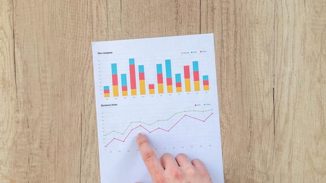 A hand points to colorful business charts and graphs on a paper sheet on a wooden desk.