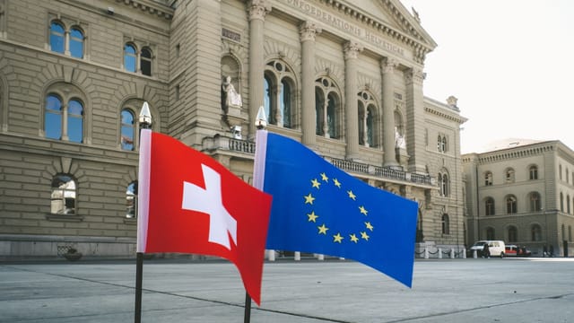 Front view of Swiss Parliament Building in Bern with Swiss and EU flags.