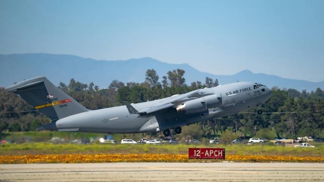 US Air Force C-17 aircraft taking off at March Air Reserve Base, California.
