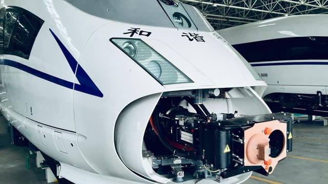 Close-up of a high-speed train undergoing maintenance in a Tangshan workshop, China.