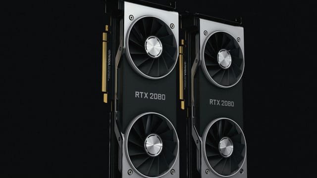 Close-up of two NVIDIA RTX 2080 graphics cards with dual fans, high-performance hardware.