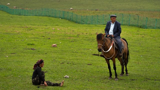 A man on horseback with a sitting woman in a lush green field.