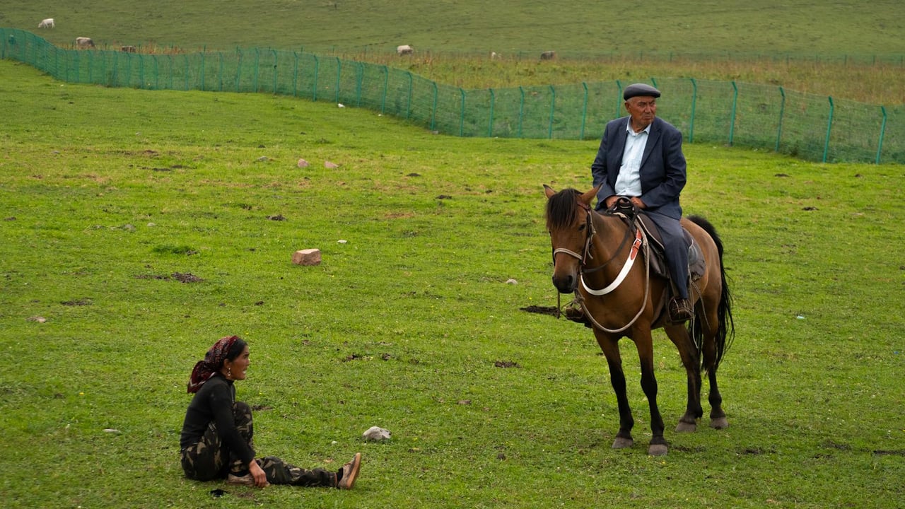 A man on horseback with a sitting woman in a lush green field.