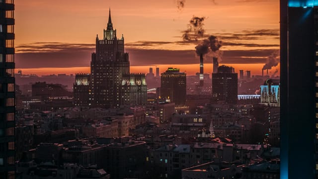 Stunning view of Moscow's skyline at twilight, featuring iconic architecture.