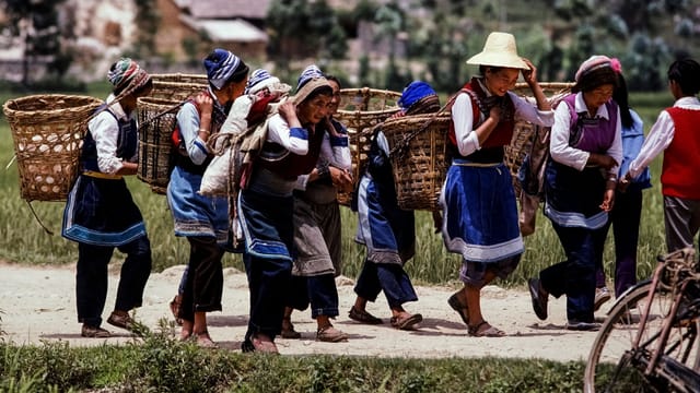 A group of women in traditional attire carrying baskets in a rural village setting.