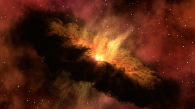 Dramatic image of a cosmic dust cloud with vivid colors and starry sky.