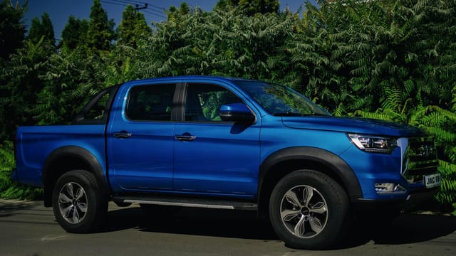 A blue pickup truck parked on a sunny day in Kyiv, Ukraine, surrounded by lush greenery.