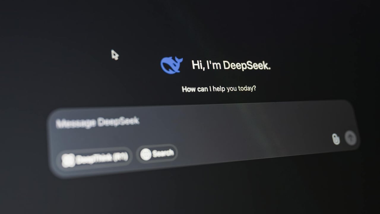 A detailed view of the DeepSeek AI interface, displaying a welcoming message on a dark background.