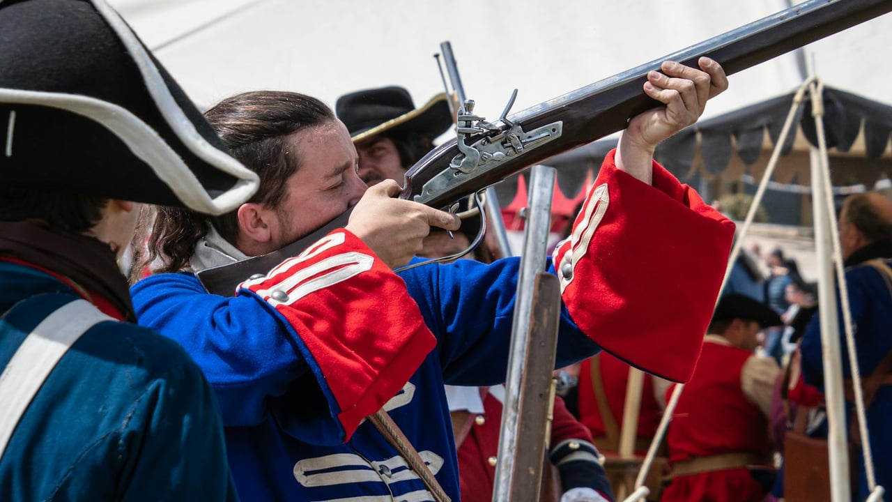 Soldiers in vibrant uniforms reenacting a historical battle with muskets outdoors.