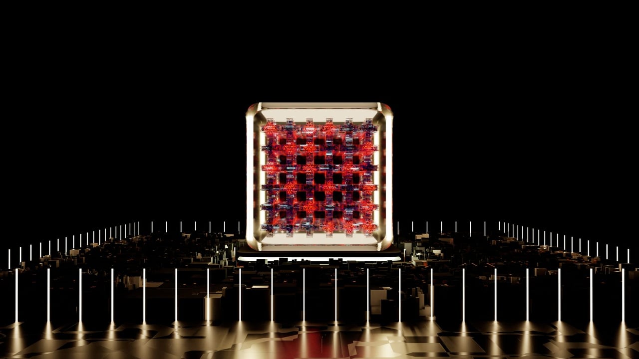 Abstract representation of a futuristic digital processor with glowing elements.