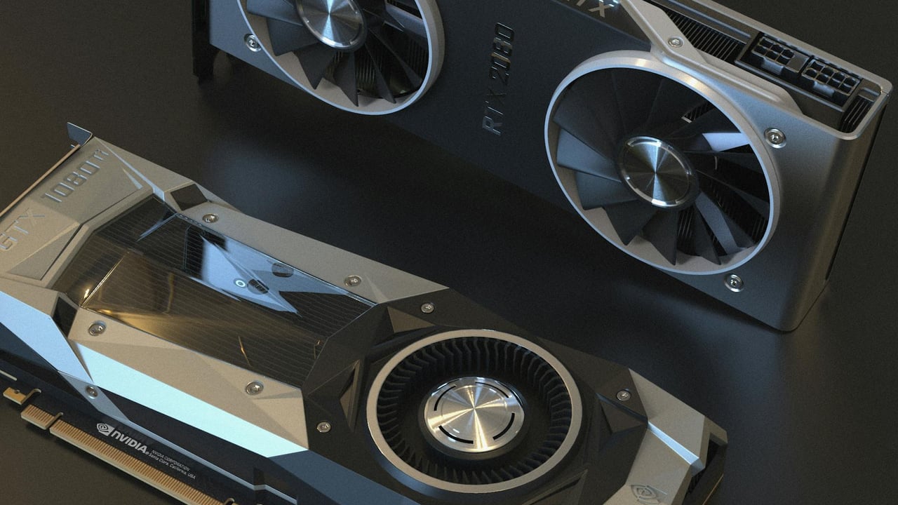 Top view of NVIDIA GTX 1080 and RTX 2080 graphics cards used in advanced computer setups.
