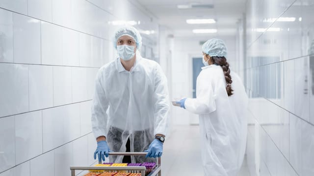 Scientists in PPE transport test samples in a lab hallway. COVID-19 safety protocols.