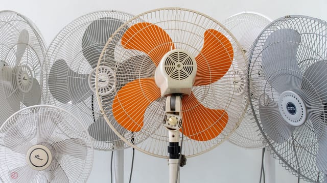A group of vintage electric fans with colorful blades displayed indoors, showcasing retro style.