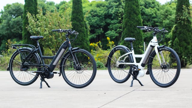 Two electric bicycles parked outdoors in a scenic summer setting.