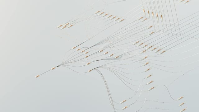 Abstract illustration depicting complex digital neural networks and data flow.