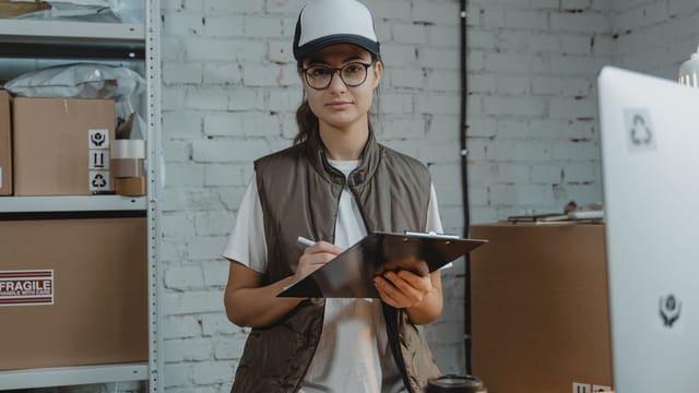 Young woman with clipboard in a warehouse, managing inventory with precision.
