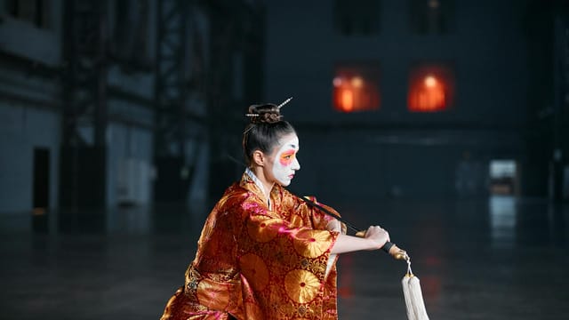 Woman in a traditional Japanese costume with makeup, performing indoors.