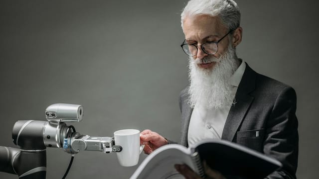 Senior man interacts with robotic arm and cup in a modern studio environment.