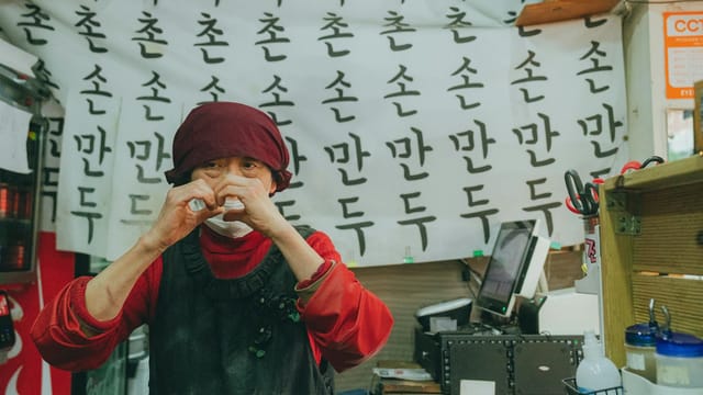 A Seoul street food vendor prepares traditional mandu dumplings in a bustling market.