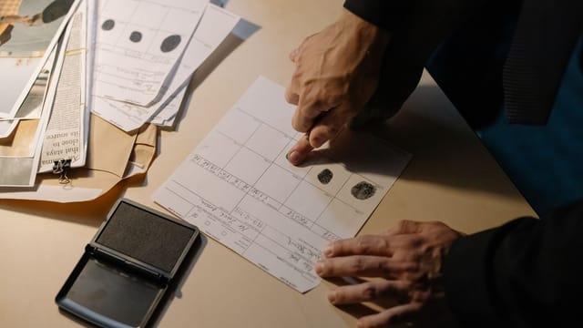Detailed view of fingerprint analysis on a desk with ink pad and documents, ideal for forensic themes.