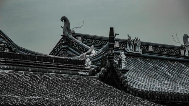Close-up of traditional Chinese roof with detailed eaves and dragon ornaments in grayscale.