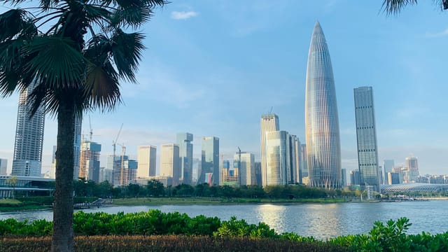 Stunning view of Shenzhen's skyline and nature, highlighting the iconic skyscrapers by the waterfront.