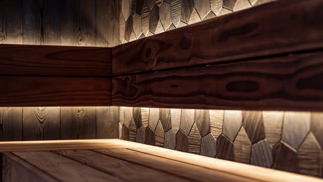 A sleek Nordic-style sauna interior featuring wood paneling and modern LED lighting.