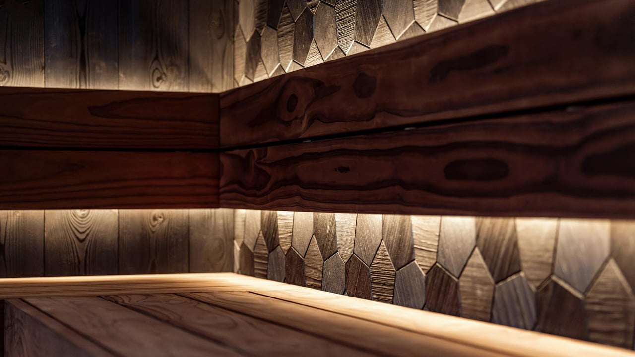 A sleek Nordic-style sauna interior featuring wood paneling and modern LED lighting.