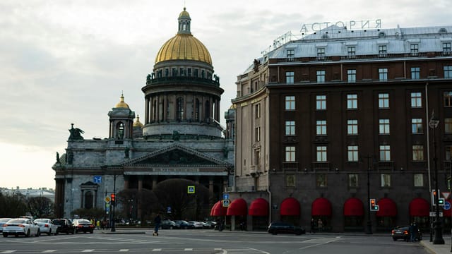 St. Isaac's Cathedral and Hotel Astoria captured in the heart of St. Petersburg, Russia.