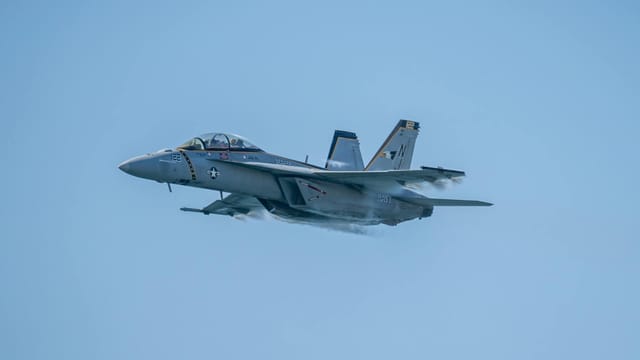 Boeing F/A-18E Super Hornet jet flying at the Pacific Airshow in Huntington Beach, California.