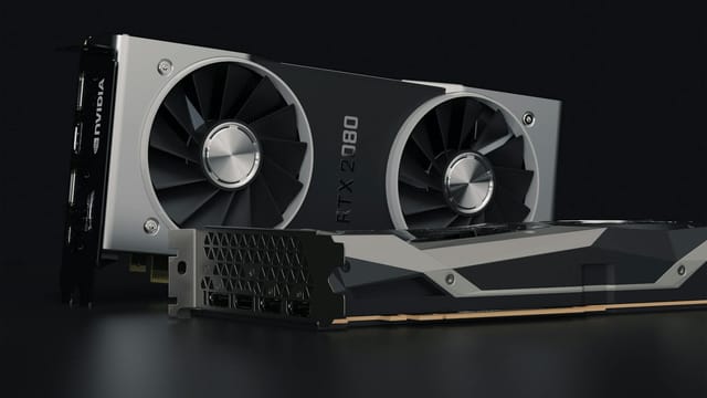 Detailed close-up image of NVIDIA RTX 2080 graphics card showcasing hardware components.