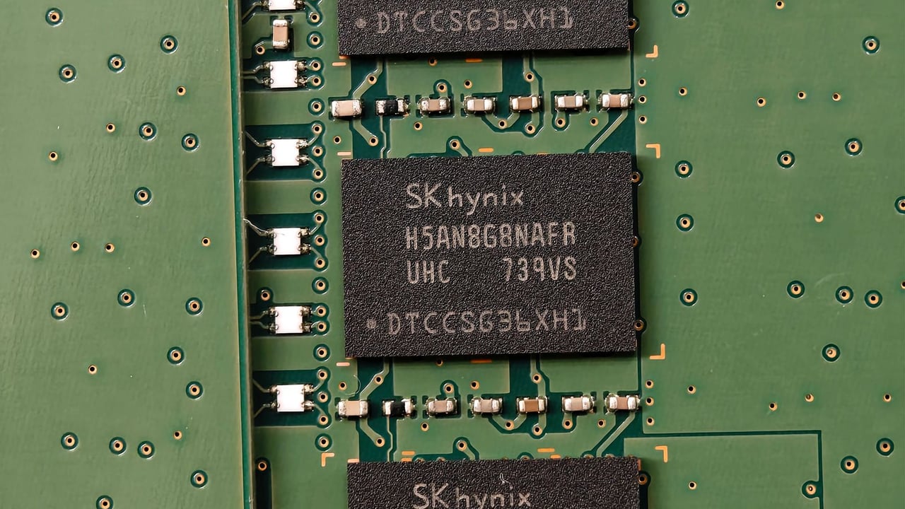 Detailed view of SK hynix DRAM chips on a green circuit board featuring electronic components.