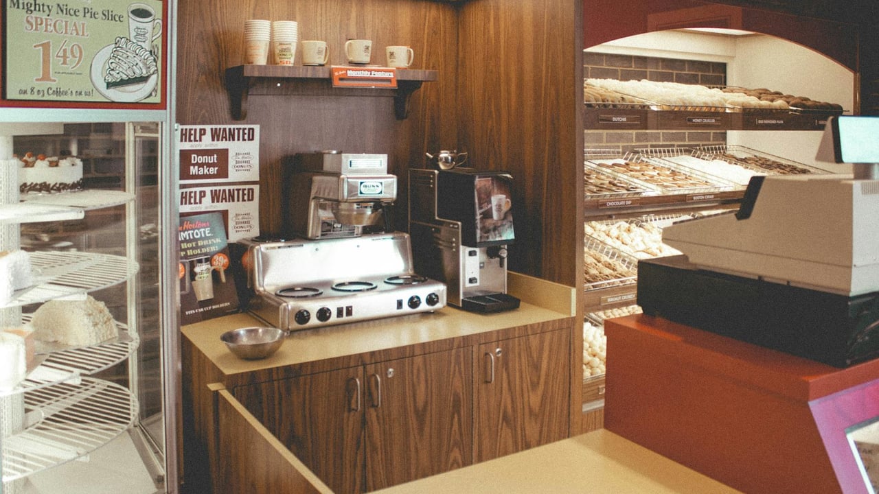 Retro Tim Hortons coffee shop with original equipment and decor, vintage vibe.
