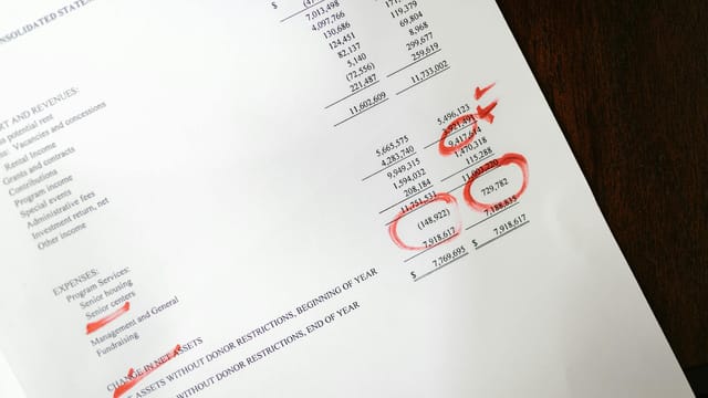 Financial statement with red annotations on a wooden table.