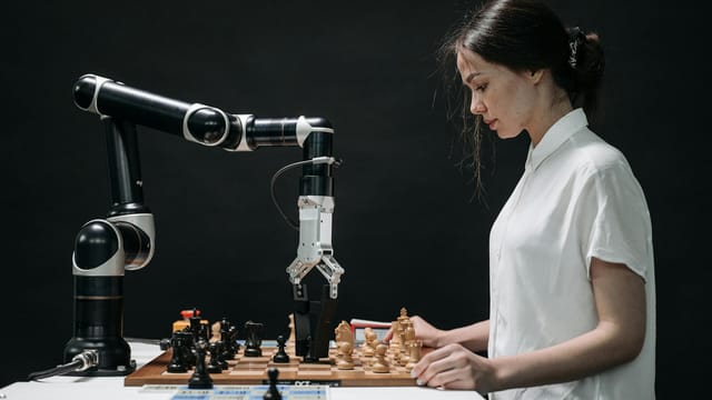 A robot and woman engage in chess, showcasing technology and strategic thinking.